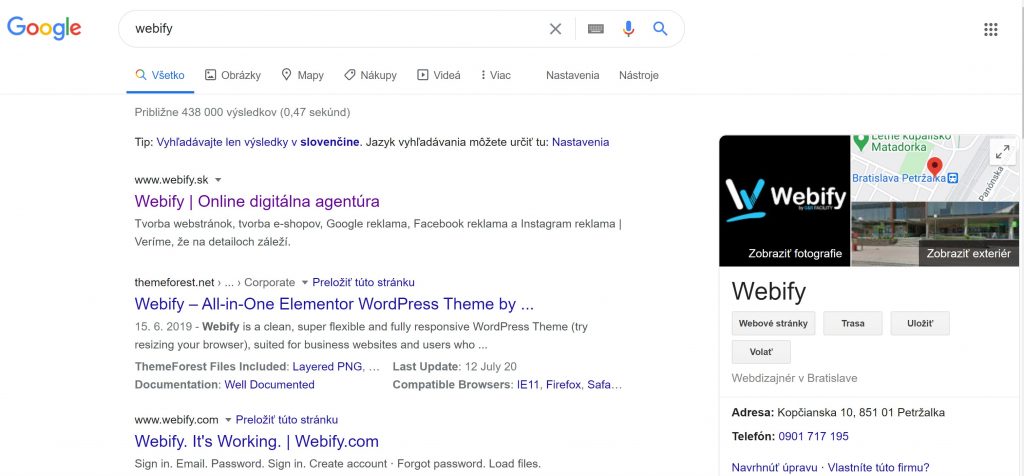 Screenshot výsledkov vyhľadávania Google na slovo "webify"